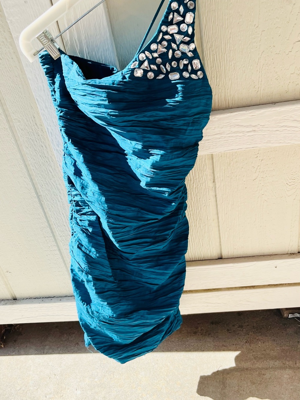 Romeo & Juliet Couture Teal One-Shoulder Dress with Gem Embellishments